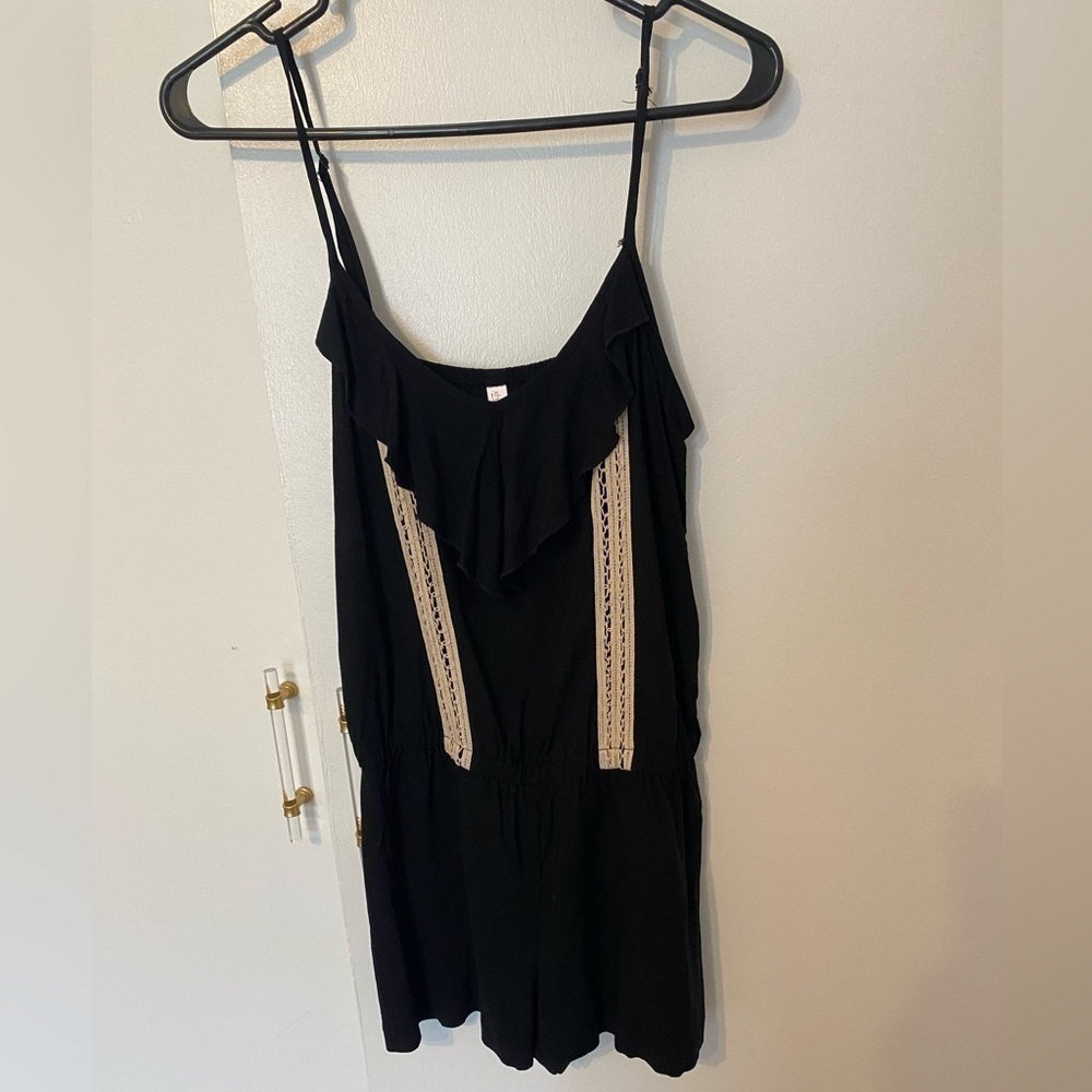 Xhilaration Medium Black Romper with Cream Ruffles